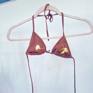 Y2K Brazilian Brown & Yellow Flower Seashell Bikini Top Size Small
